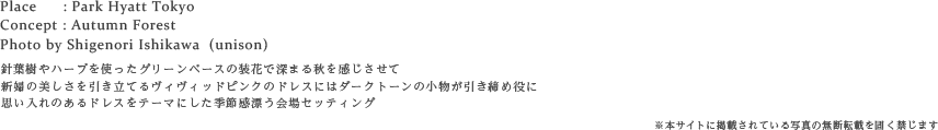 針葉樹やハーブを使ったグリーンベースの装花で深まる秋を感じさせて
新婦の美しさを引き立てるヴィヴィッドピンクのドレスにはダークトーンの小物が引き締め役に
思い入れのあるドレスをテーマにした季節感漂う会場セッティング