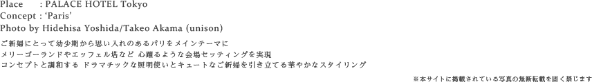 ご新婦にとって幼少期から思い入れのあるパリをメインテーマに
メリーゴーランドやエッフェル塔など 心躍るような会場セッティングを実現
コンセプトと調和する ドラマチックな照明使いとキュートなご新婦を引き立てる華やかなスタイリング