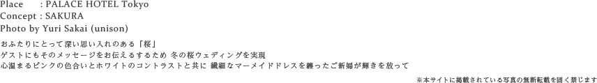 おふたりにとって深い思い入れのある「桜」
ゲストにもそのメッセージをお伝えるするため 冬の桜ウェディングを実現
心温まるピンクの色合いとホワイトのコントラストと共に 繊細なマーメイドドレスを纏ったご新婦が輝きを放って