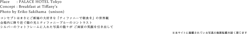 コンセプトはまさにご新婦の大好きな「ティファニーで朝食を」の世界観
会場内に降り注ぐ陽の光とティファニーブルーのコントラスト
シルバーのフォトフレームに入れた写真の数々が ご両家の笑顔を引き出して